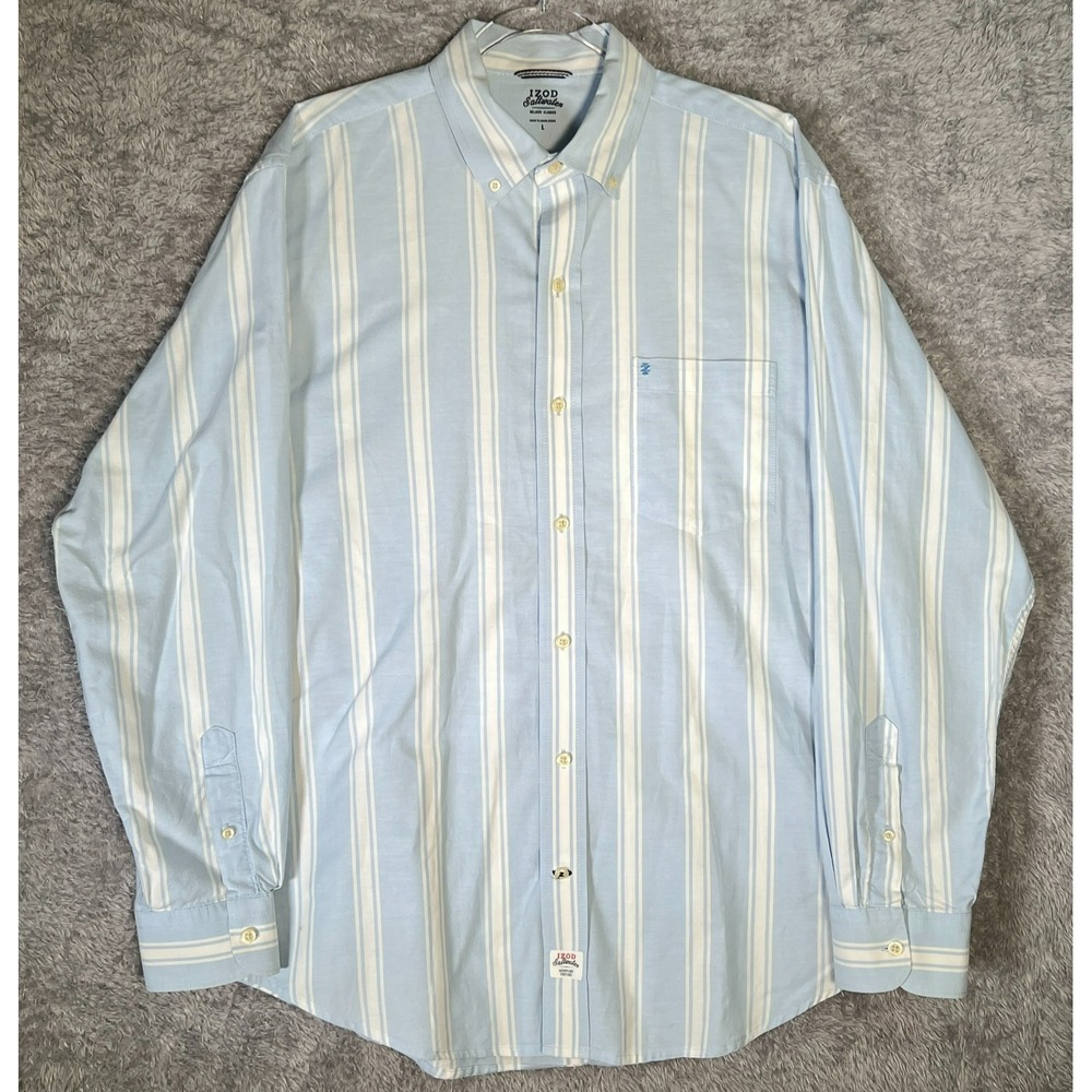 Izod Saltwater Mens Button Down Shirt Large Striped Cotton Classic Fit Coastal